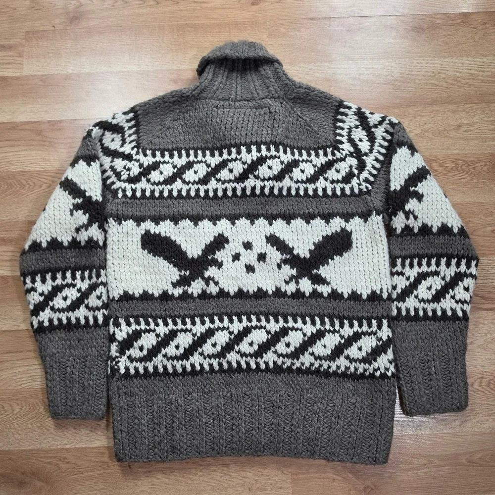 American Eagle Sweater Mens L Shawl Collar Eagle Intarsia Chunky Knit Gray White